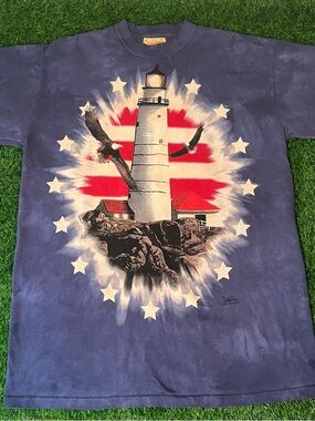 VTG 2002 00s The Mountain Light House Eagle Tie-Dye Blue T-Shirt Mens Size Large